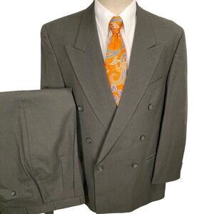 Domani Uomo Suit Mens 44R  Olive Green Check Double Breasted Italian Wool VTG